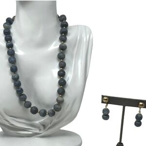 Blue White Swirl Necklace Earrings Clip‎ On Gold Tone Spacer Beads